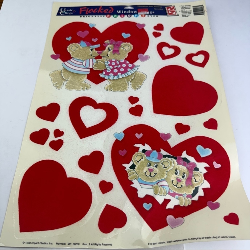 1998 Flocked Window Clings Valentines Bears Classic Clings NEW